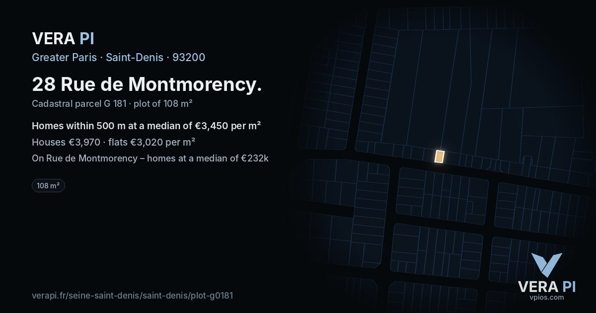 28 Rue de Montmorency, Saint-Denis at night – the plot lit, the parcels around coloured by the prices near them