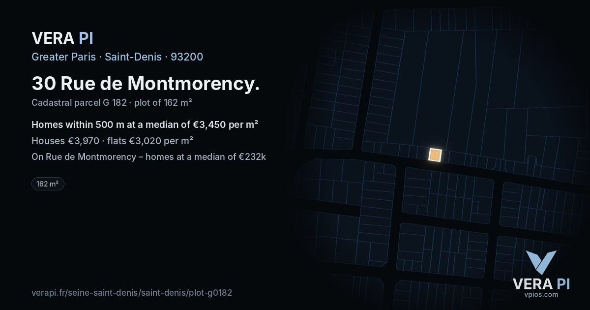 30 Rue de Montmorency, Saint-Denis at night – the plot lit, the parcels around coloured by the prices near them
