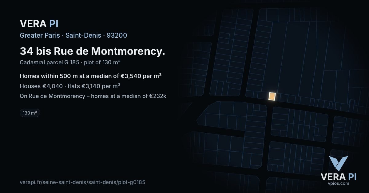 34 bis Rue de Montmorency, Saint-Denis at night – the plot lit, the parcels around coloured by the prices near them
