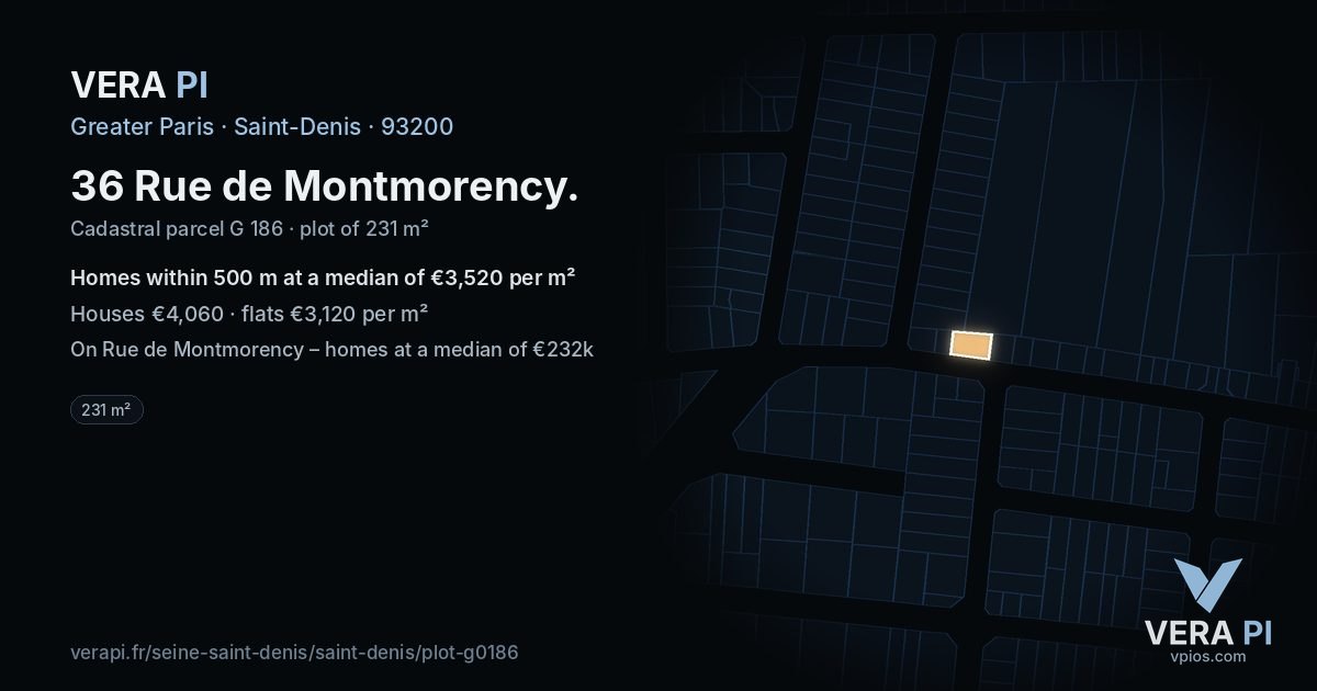 36 Rue de Montmorency, Saint-Denis at night – the plot lit, the parcels around coloured by the prices near them