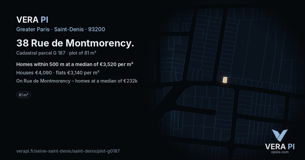 38 Rue de Montmorency, Saint-Denis at night – the plot lit, the parcels around coloured by the prices near them
