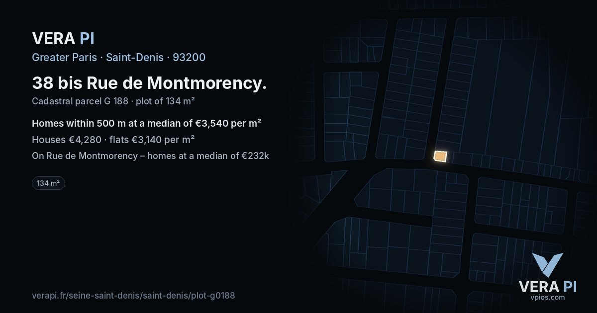 38 bis Rue de Montmorency, Saint-Denis at night – the plot lit, the parcels around coloured by the prices near them