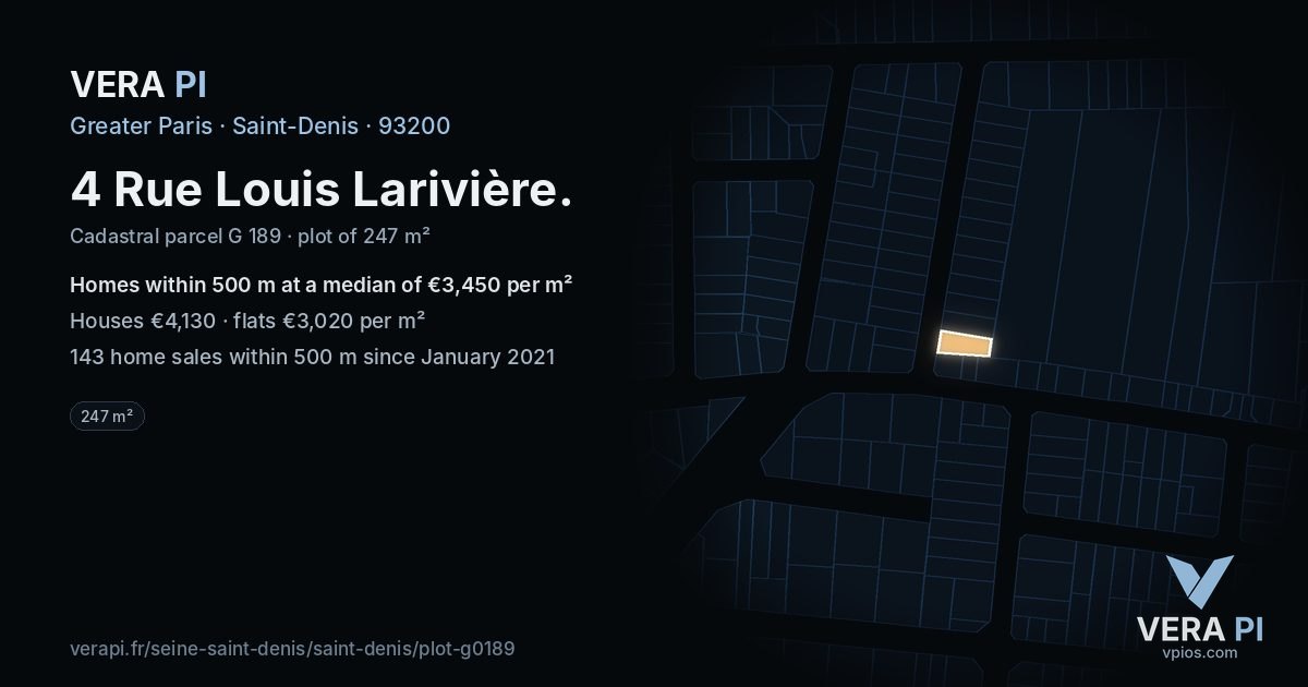 4 Rue Louis Larivière, Saint-Denis at night – the plot lit, the parcels around coloured by the prices near them