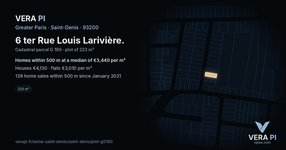 6 ter Rue Louis Larivière, Saint-Denis at night – the plot lit, the parcels around coloured by the prices near them