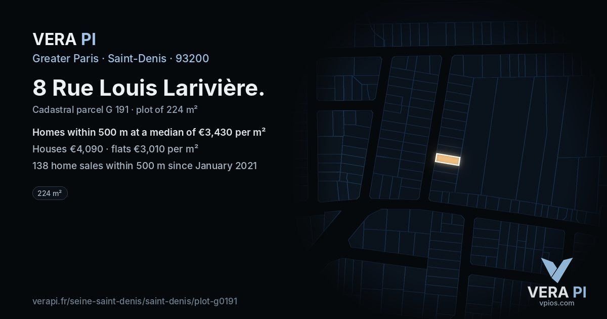 8 Rue Louis Larivière, Saint-Denis at night – the plot lit, the parcels around coloured by the prices near them