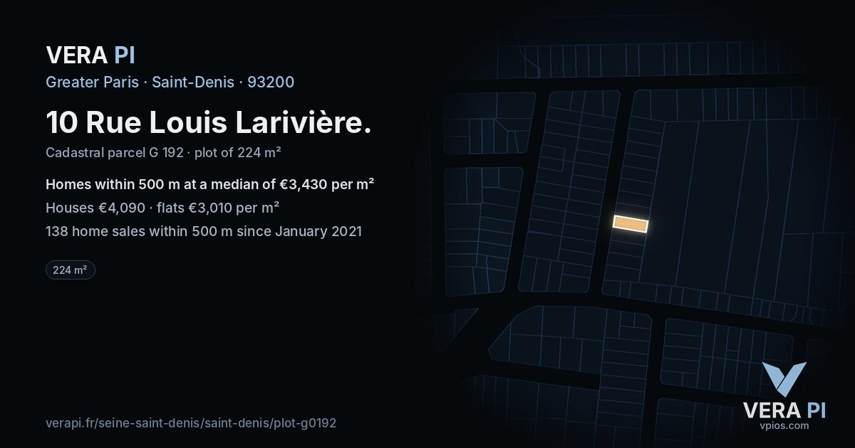 10 Rue Louis Larivière, Saint-Denis at night – the plot lit, the parcels around coloured by the prices near them