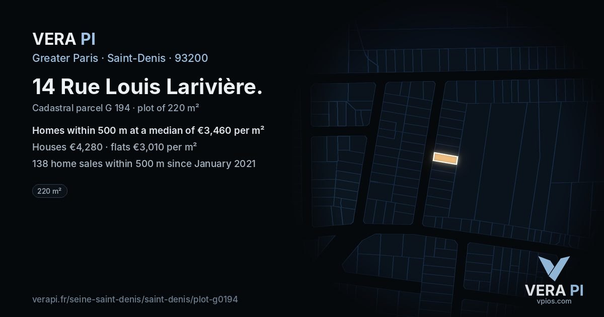 14 Rue Louis Larivière, Saint-Denis at night – the plot lit, the parcels around coloured by the prices near them