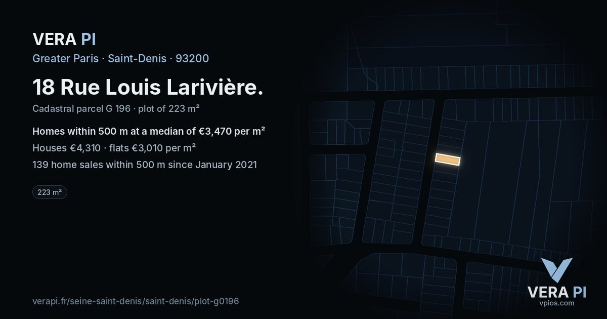 18 Rue Louis Larivière, Saint-Denis at night – the plot lit, the parcels around coloured by the prices near them