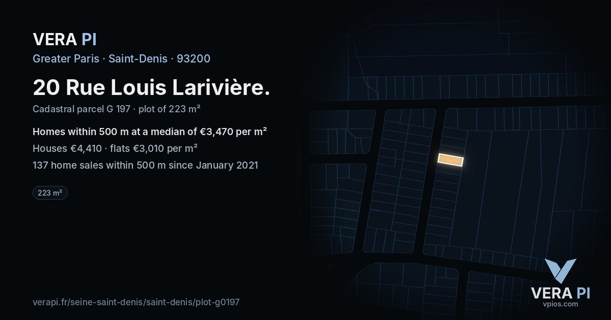 20 Rue Louis Larivière, Saint-Denis at night – the plot lit, the parcels around coloured by the prices near them