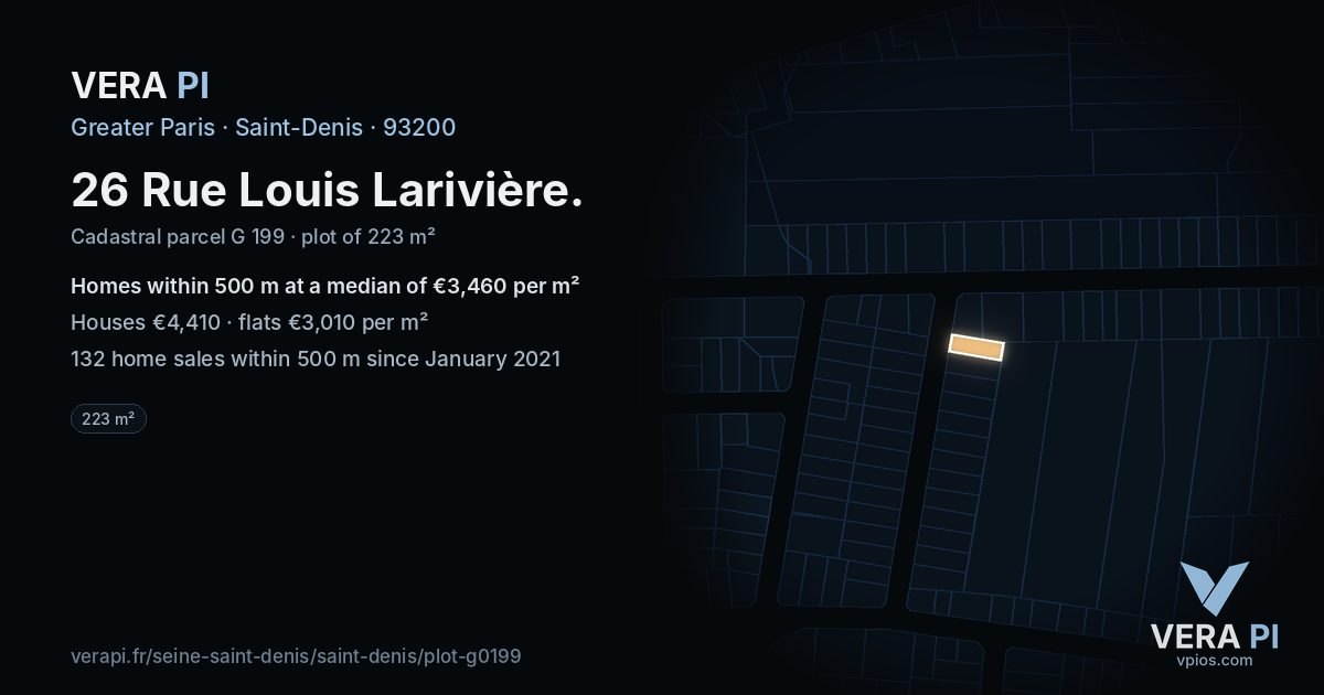 26 Rue Louis Larivière, Saint-Denis at night – the plot lit, the parcels around coloured by the prices near them