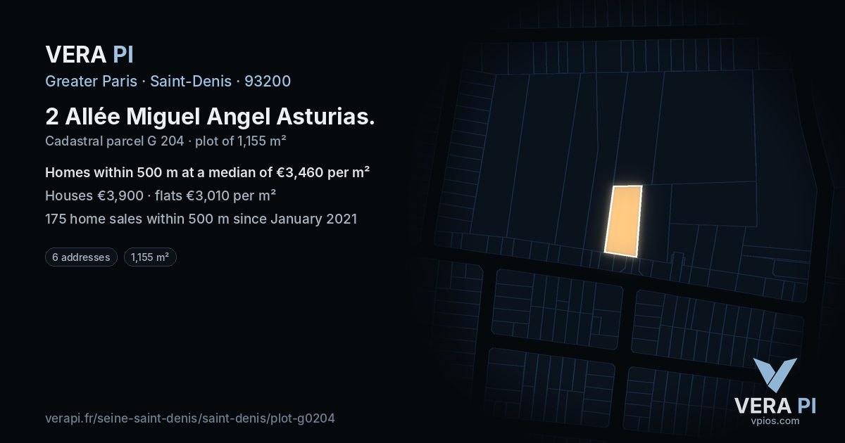 2 Allée Miguel Angel Asturias, Saint-Denis at night – the plot lit, the parcels around coloured by the prices near them