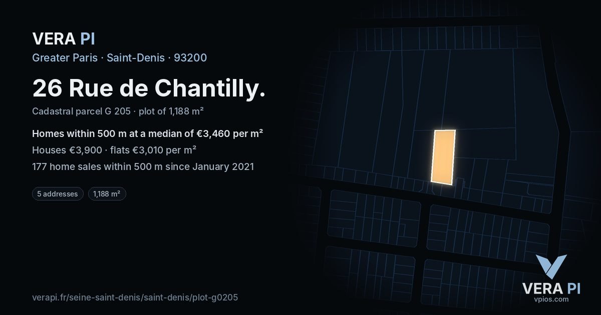 26 Rue de Chantilly, Saint-Denis at night – the plot lit, the parcels around coloured by the prices near them