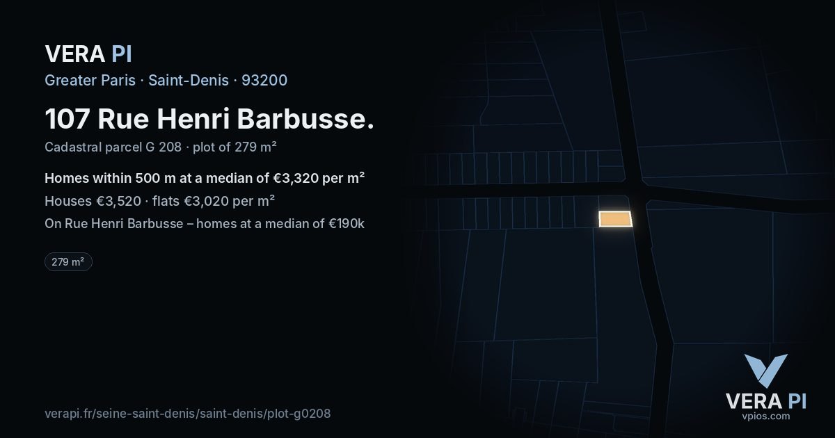 107 Rue Henri Barbusse, Saint-Denis at night – the plot lit, the parcels around coloured by the prices near them