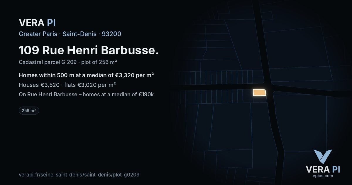 109 Rue Henri Barbusse, Saint-Denis at night – the plot lit, the parcels around coloured by the prices near them