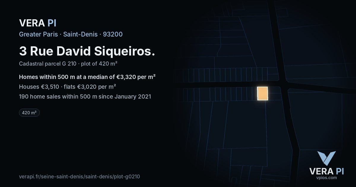 3 Rue David Siqueiros, Saint-Denis at night – the plot lit, the parcels around coloured by the prices near them