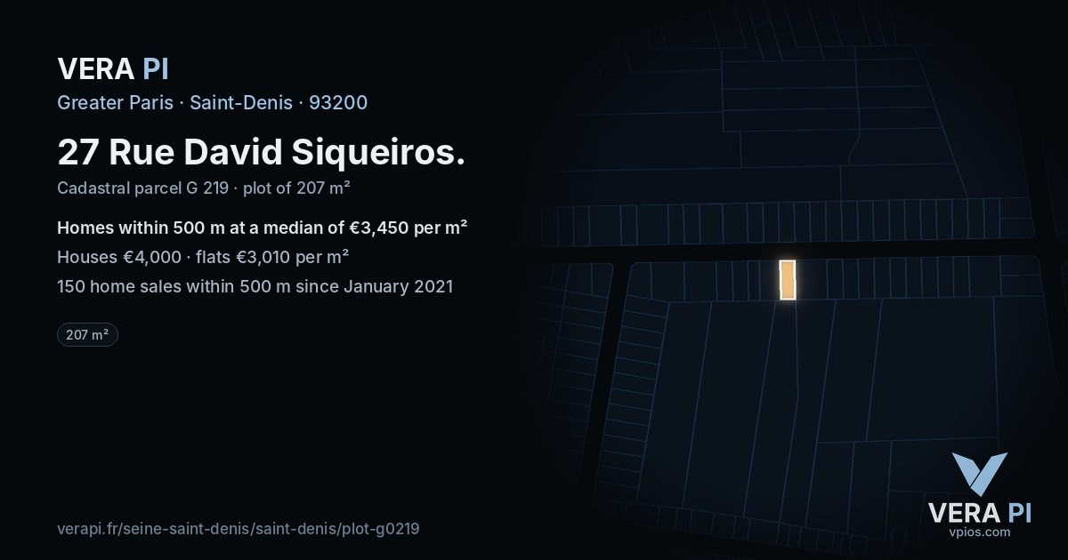 27 Rue David Siqueiros, Saint-Denis at night – the plot lit, the parcels around coloured by the prices near them