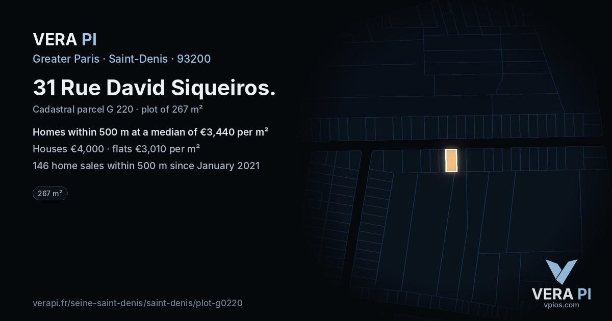 31 Rue David Siqueiros, Saint-Denis at night – the plot lit, the parcels around coloured by the prices near them