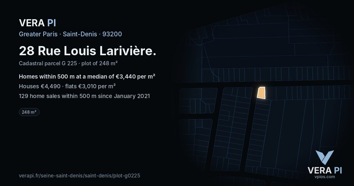 28 Rue Louis Larivière, Saint-Denis at night – the plot lit, the parcels around coloured by the prices near them