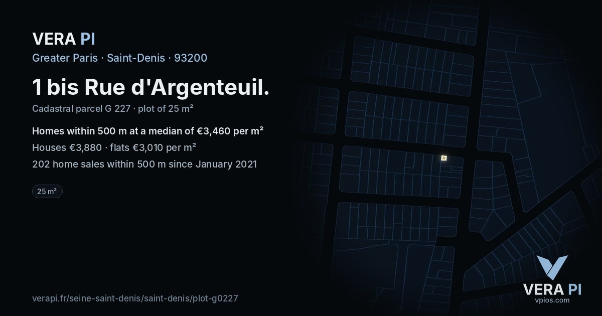 1 bis Rue d'Argenteuil, Saint-Denis at night – the plot lit, the parcels around coloured by the prices near them