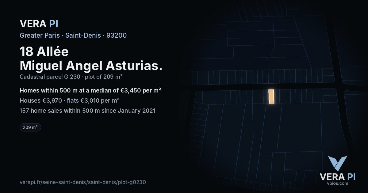18 Allée Miguel Angel Asturias, Saint-Denis at night – the plot lit, the parcels around coloured by the prices near them