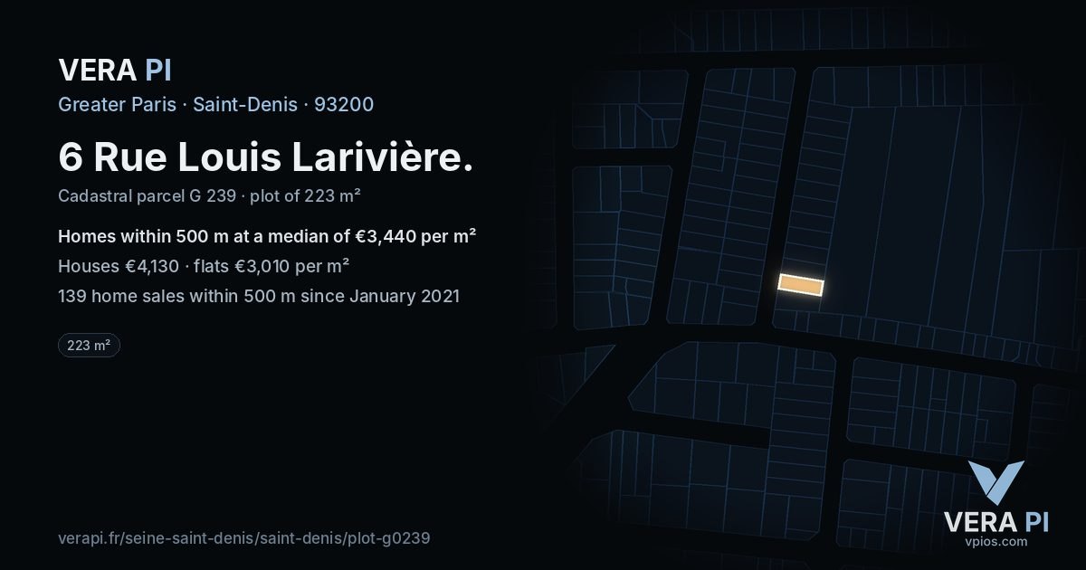 6 Rue Louis Larivière, Saint-Denis at night – the plot lit, the parcels around coloured by the prices near them