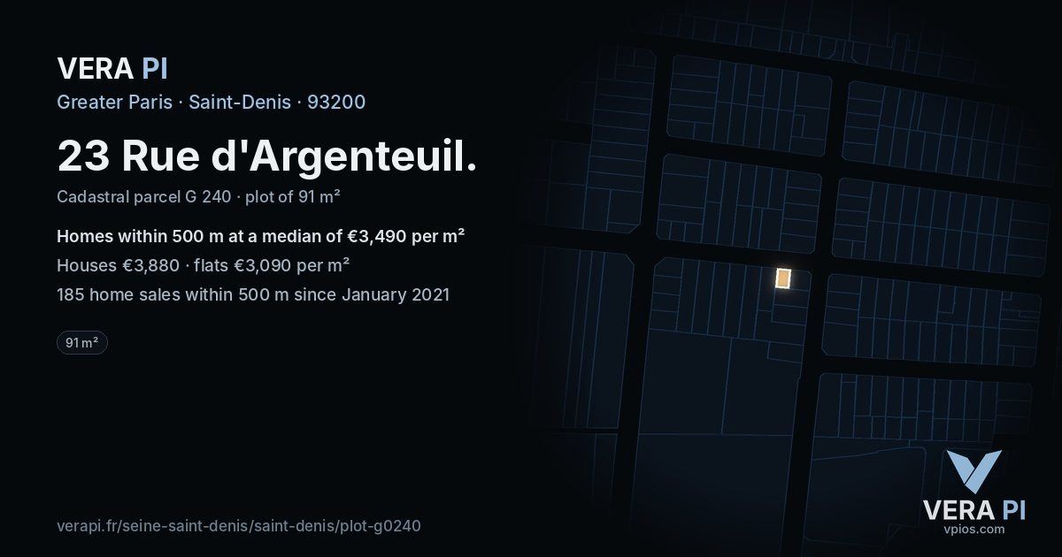 23 Rue d'Argenteuil, Saint-Denis at night – the plot lit, the parcels around coloured by the prices near them