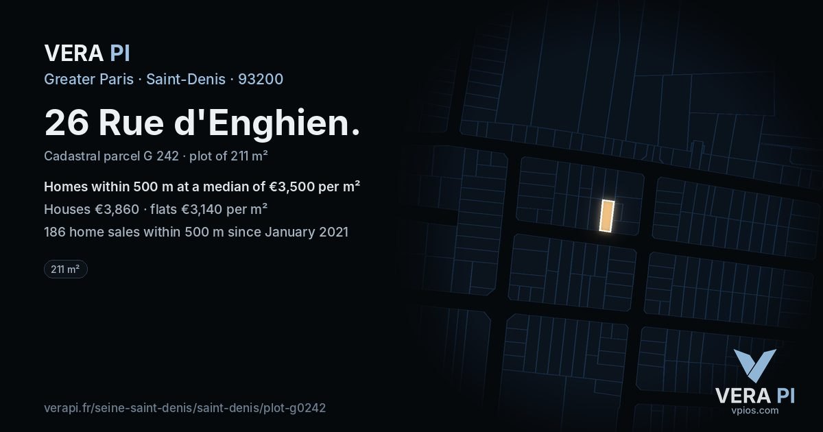 26 Rue d'Enghien, Saint-Denis at night – the plot lit, the parcels around coloured by the prices near them