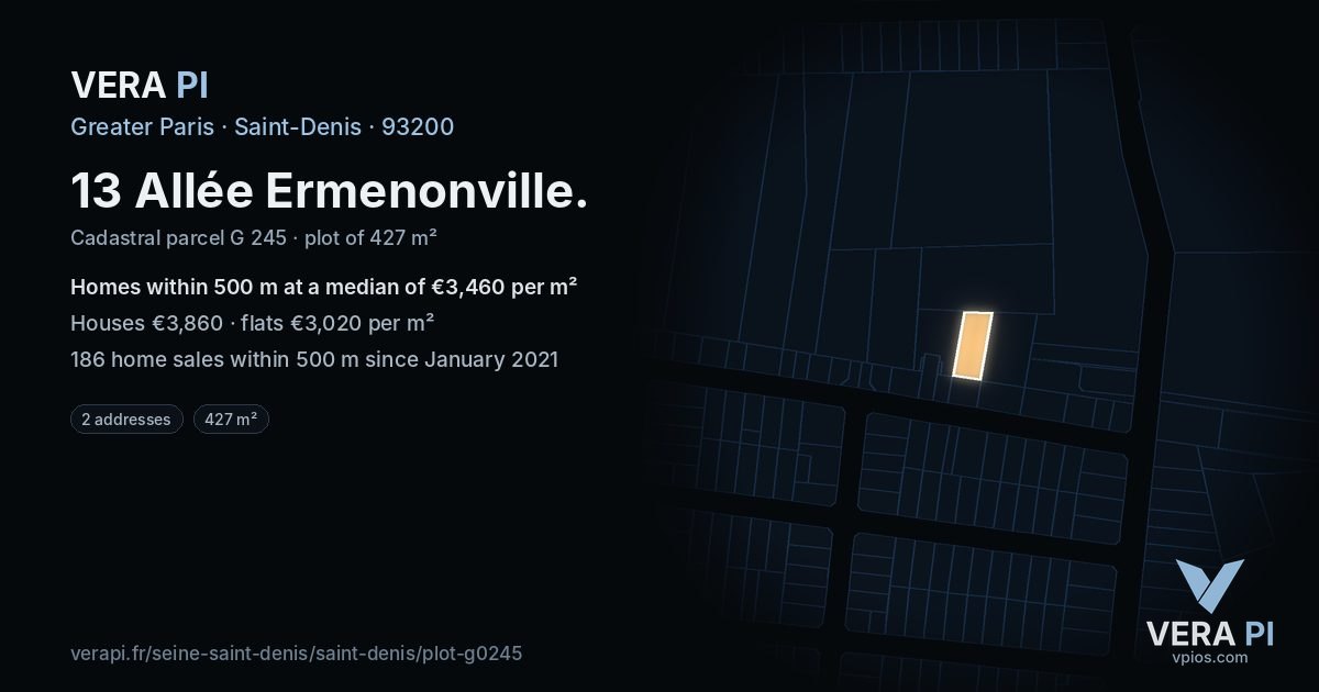13 Allée Ermenonville, Saint-Denis at night – the plot lit, the parcels around coloured by the prices near them