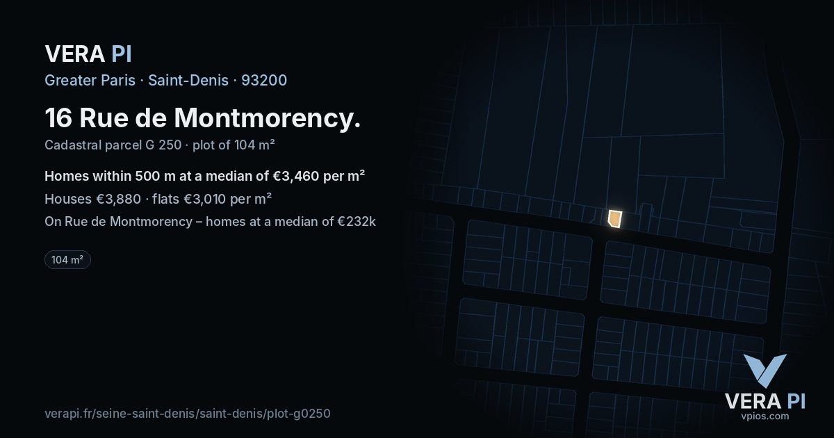16 Rue de Montmorency, Saint-Denis at night – the plot lit, the parcels around coloured by the prices near them