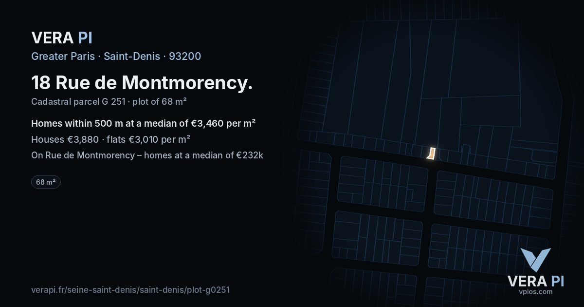 18 Rue de Montmorency, Saint-Denis at night – the plot lit, the parcels around coloured by the prices near them