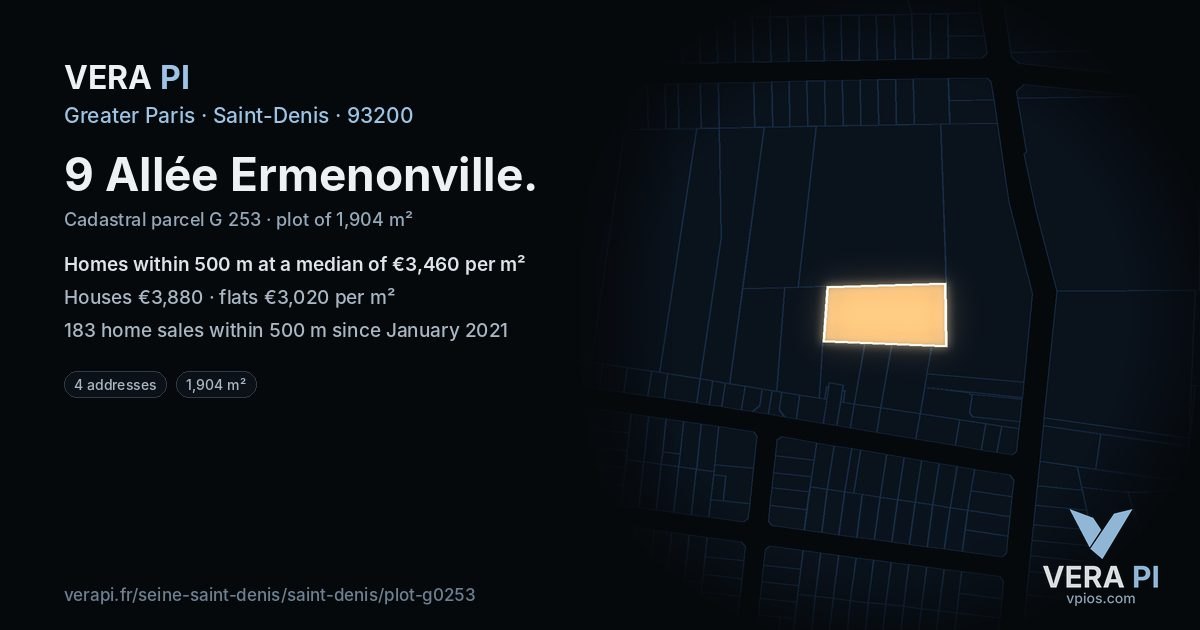 9 Allée Ermenonville, Saint-Denis at night – the plot lit, the parcels around coloured by the prices near them