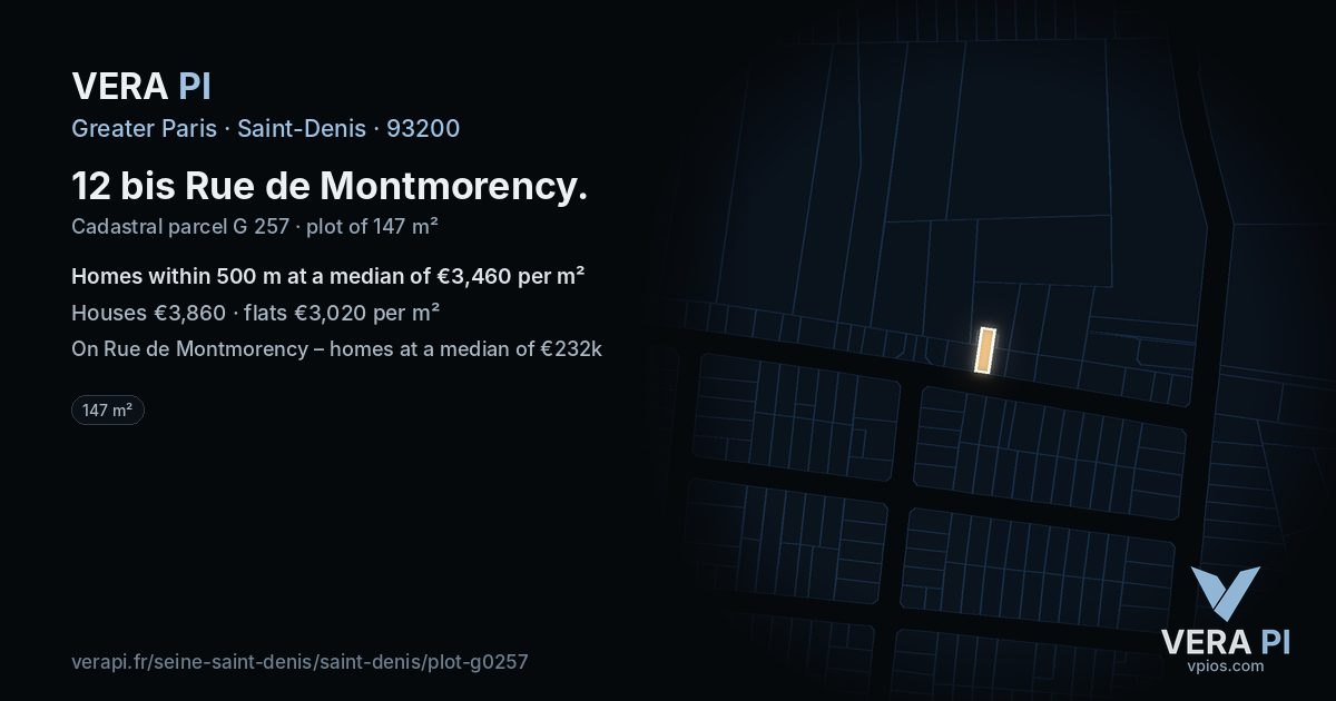 12 bis Rue de Montmorency, Saint-Denis at night – the plot lit, the parcels around coloured by the prices near them