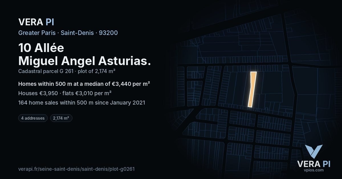 10 Allée Miguel Angel Asturias, Saint-Denis at night – the plot lit, the parcels around coloured by the prices near them