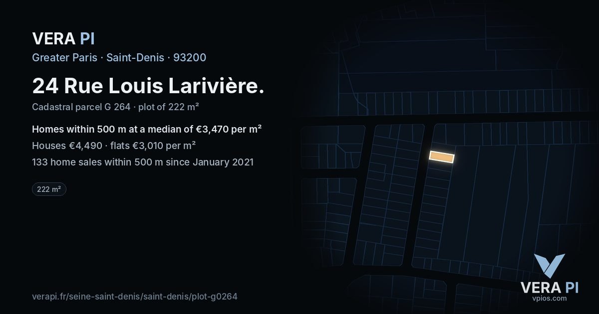 24 Rue Louis Larivière, Saint-Denis at night – the plot lit, the parcels around coloured by the prices near them