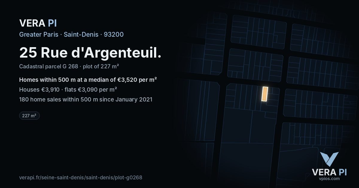 25 Rue d'Argenteuil, Saint-Denis at night – the plot lit, the parcels around coloured by the prices near them