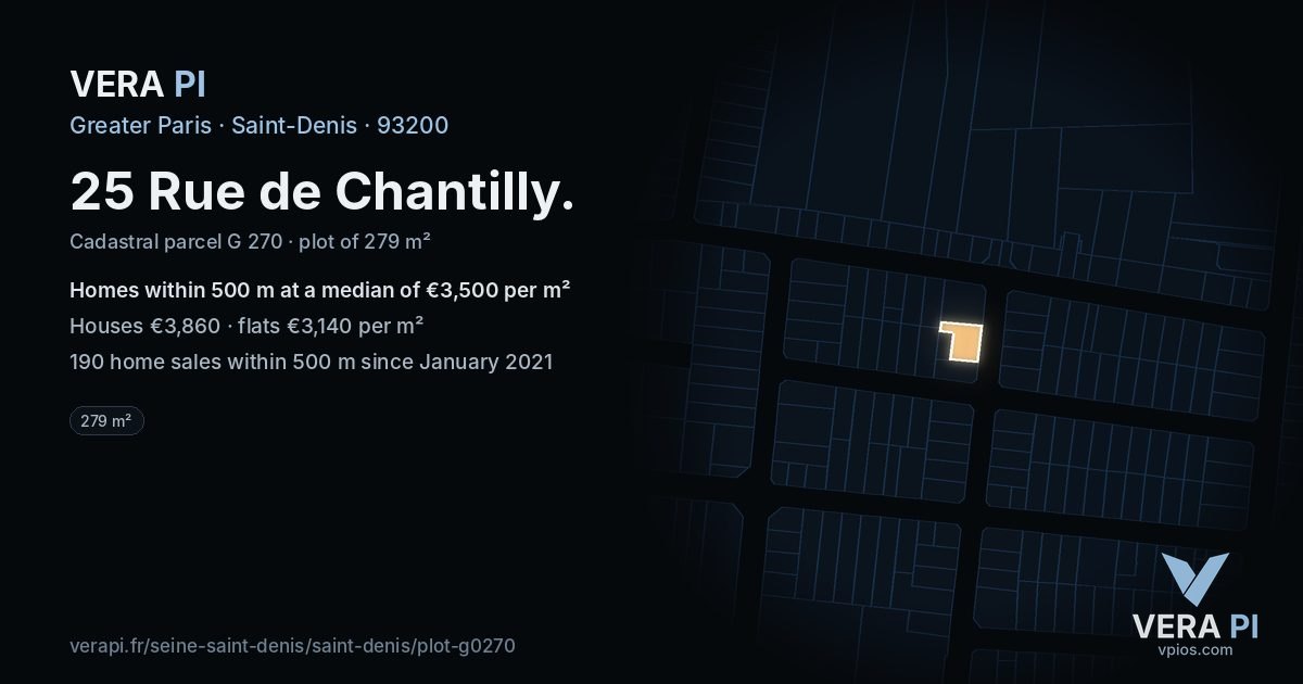 25 Rue de Chantilly, Saint-Denis at night – the plot lit, the parcels around coloured by the prices near them