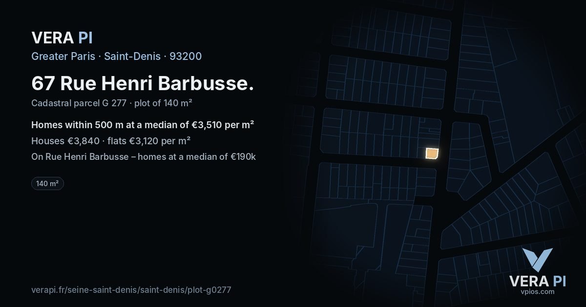 67 Rue Henri Barbusse, Saint-Denis at night – the plot lit, the parcels around coloured by the prices near them