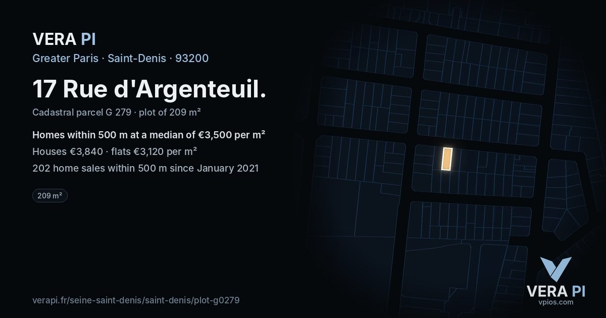 17 Rue d'Argenteuil, Saint-Denis at night – the plot lit, the parcels around coloured by the prices near them