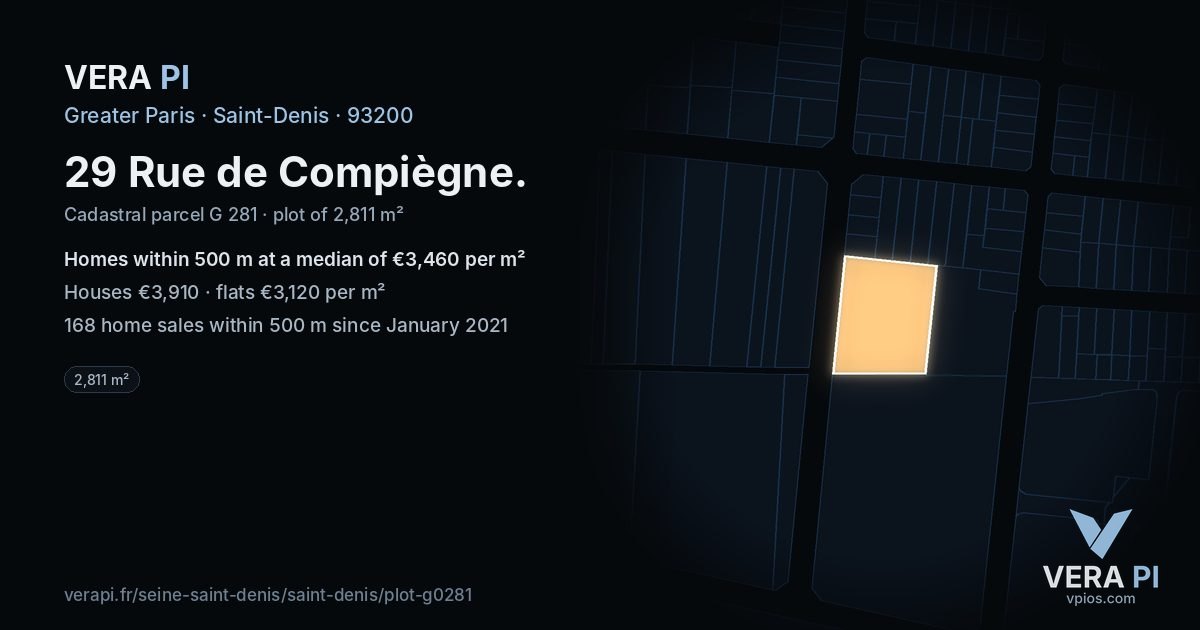 29 Rue de Compiègne, Saint-Denis at night – the plot lit, the parcels around coloured by the prices near them