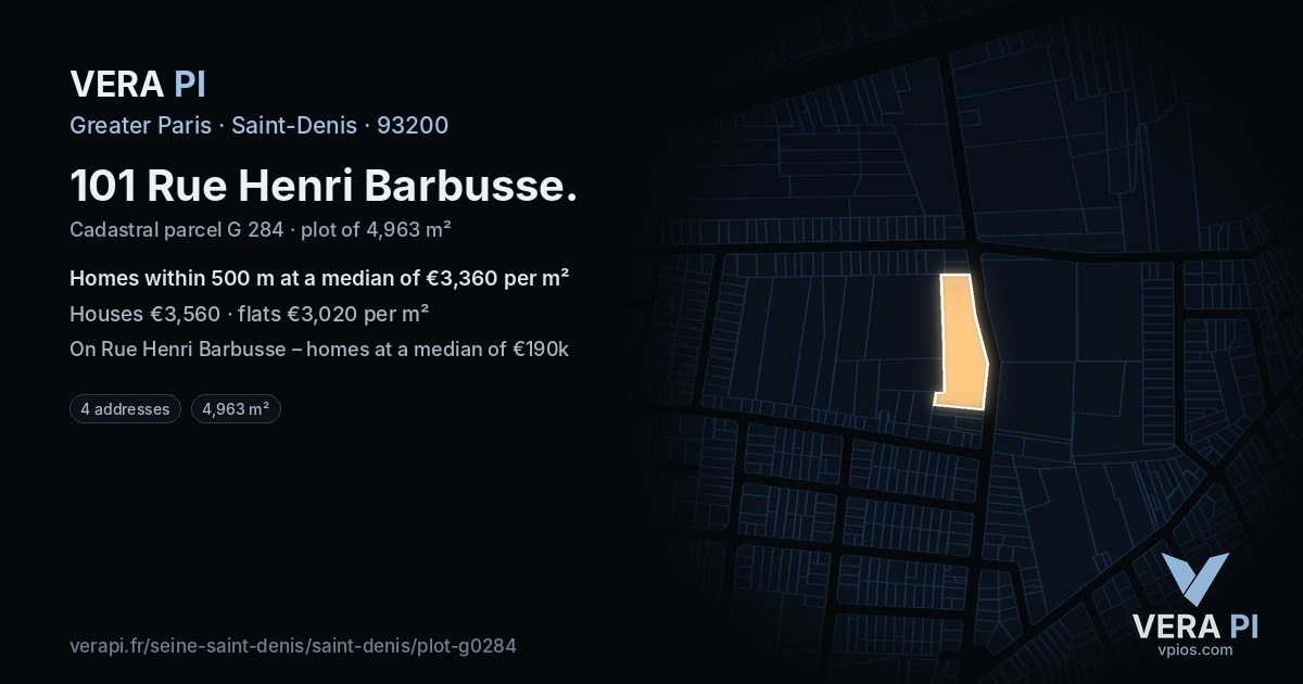 101 Rue Henri Barbusse, Saint-Denis at night – the plot lit, the parcels around coloured by the prices near them
