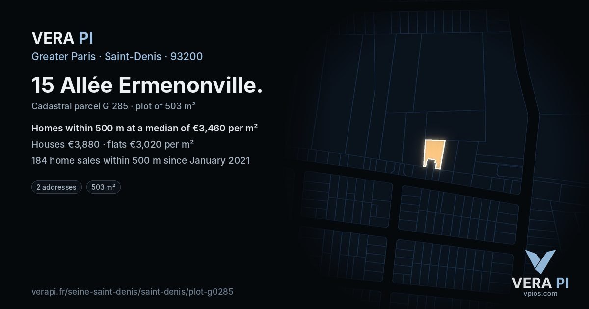 15 Allée Ermenonville, Saint-Denis at night – the plot lit, the parcels around coloured by the prices near them