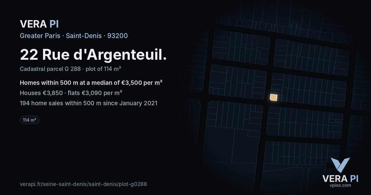22 Rue d'Argenteuil, Saint-Denis at night – the plot lit, the parcels around coloured by the prices near them