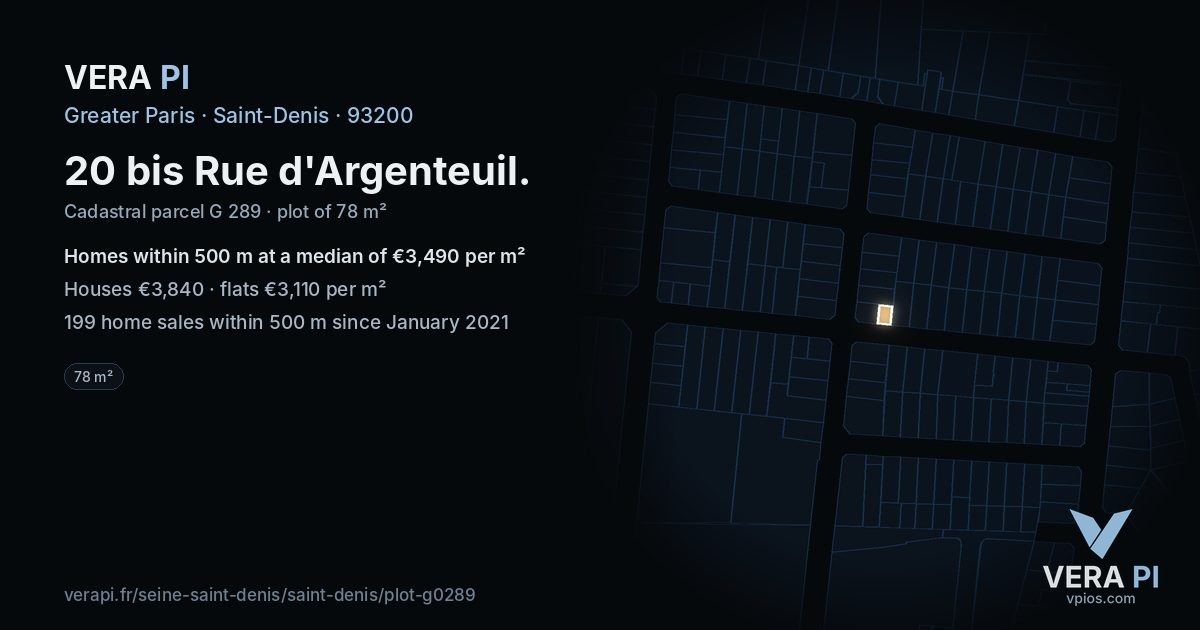 20 bis Rue d'Argenteuil, Saint-Denis at night – the plot lit, the parcels around coloured by the prices near them