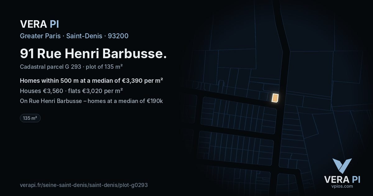 91 Rue Henri Barbusse, Saint-Denis at night – the plot lit, the parcels around coloured by the prices near them