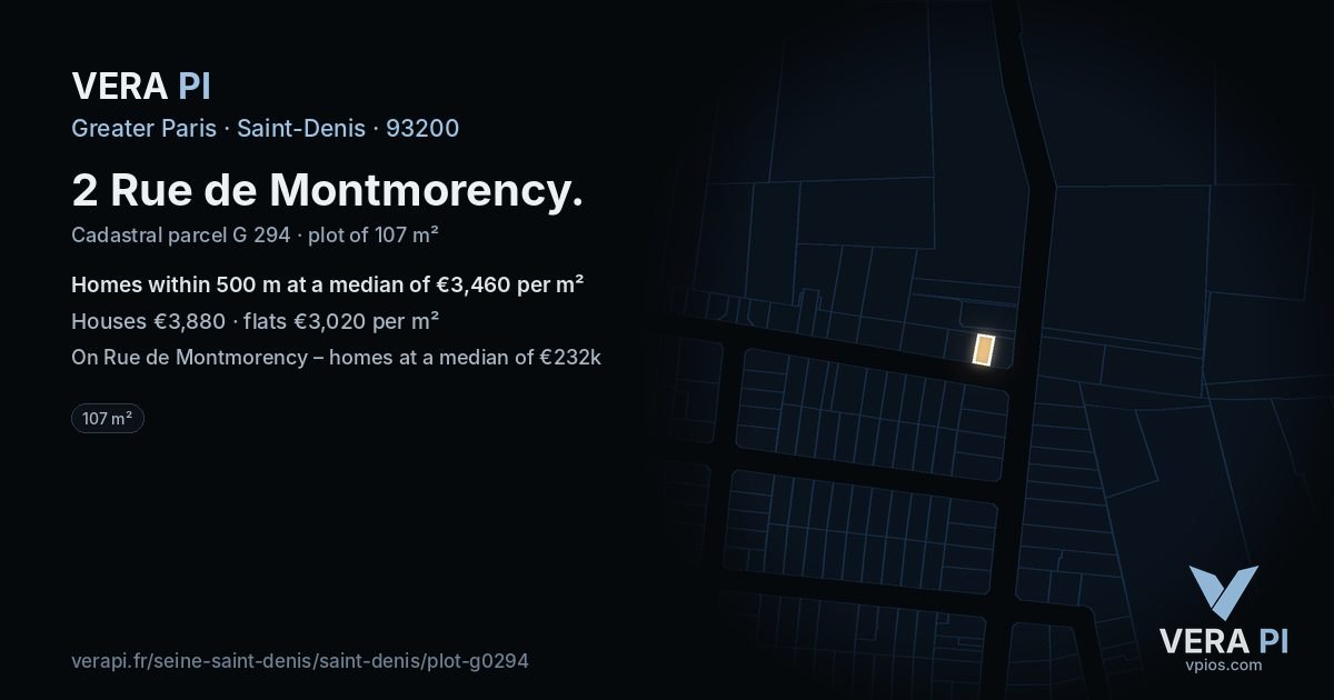 2 Rue de Montmorency, Saint-Denis at night – the plot lit, the parcels around coloured by the prices near them
