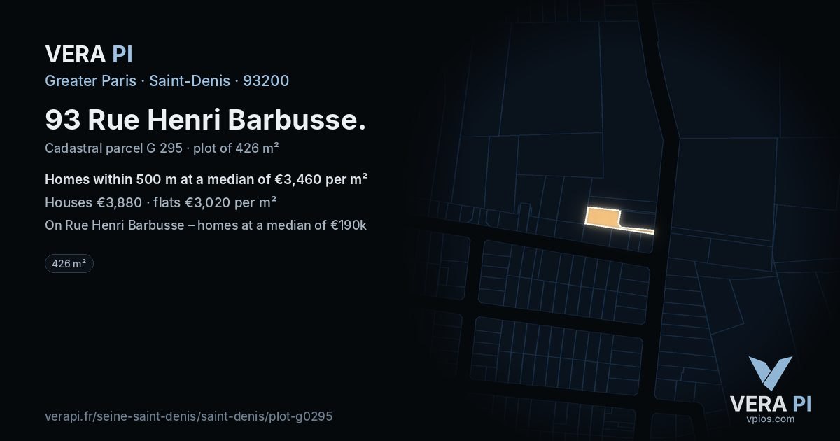 93 Rue Henri Barbusse, Saint-Denis at night – the plot lit, the parcels around coloured by the prices near them
