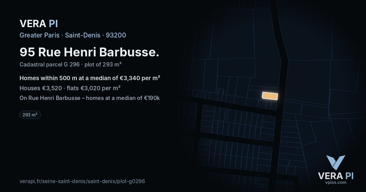 95 Rue Henri Barbusse, Saint-Denis at night – the plot lit, the parcels around coloured by the prices near them