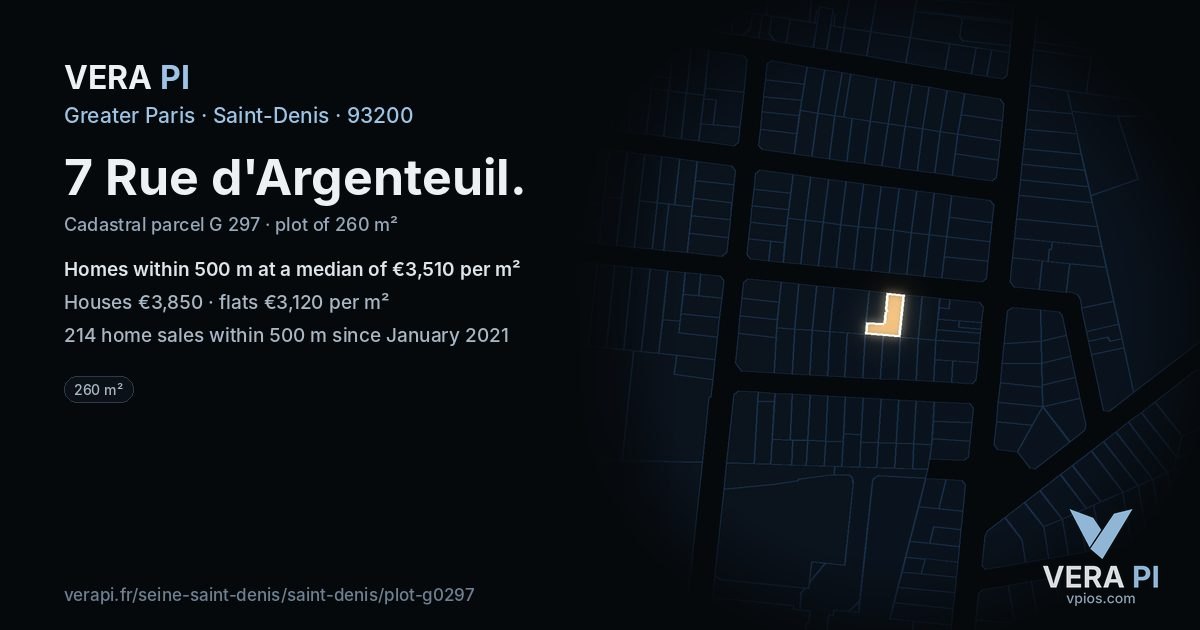 7 Rue d'Argenteuil, Saint-Denis at night – the plot lit, the parcels around coloured by the prices near them