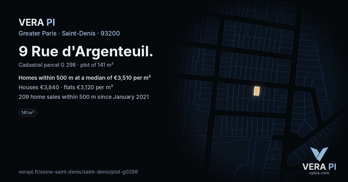 9 Rue d'Argenteuil, Saint-Denis at night – the plot lit, the parcels around coloured by the prices near them