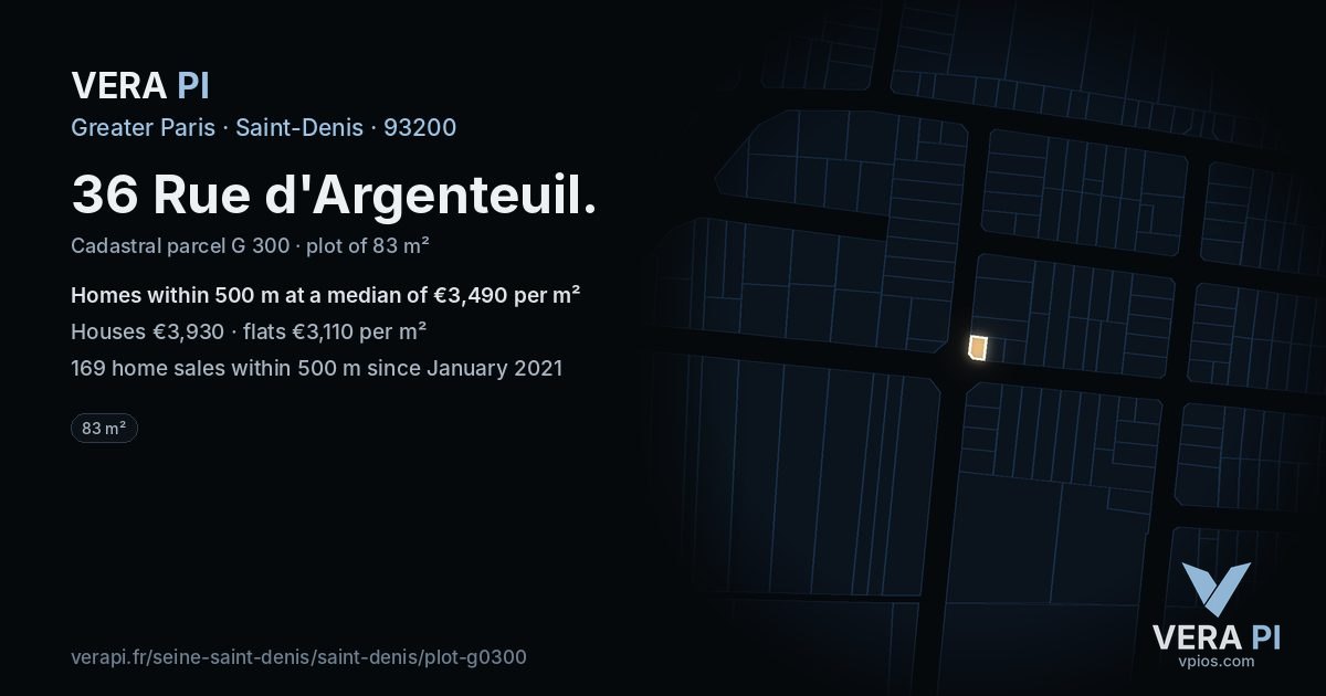 36 Rue d'Argenteuil, Saint-Denis at night – the plot lit, the parcels around coloured by the prices near them